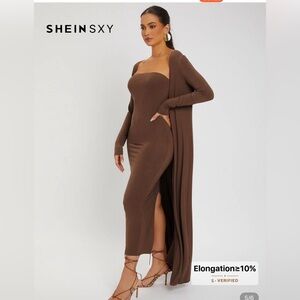Brown bodycon maxi dress with matching cardigan XS